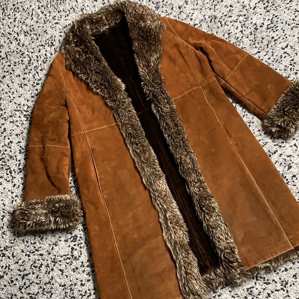 Marvin Richards Vintage Brown Leather Lined Fur Trim Long Coat XL - Picture 3 of 13